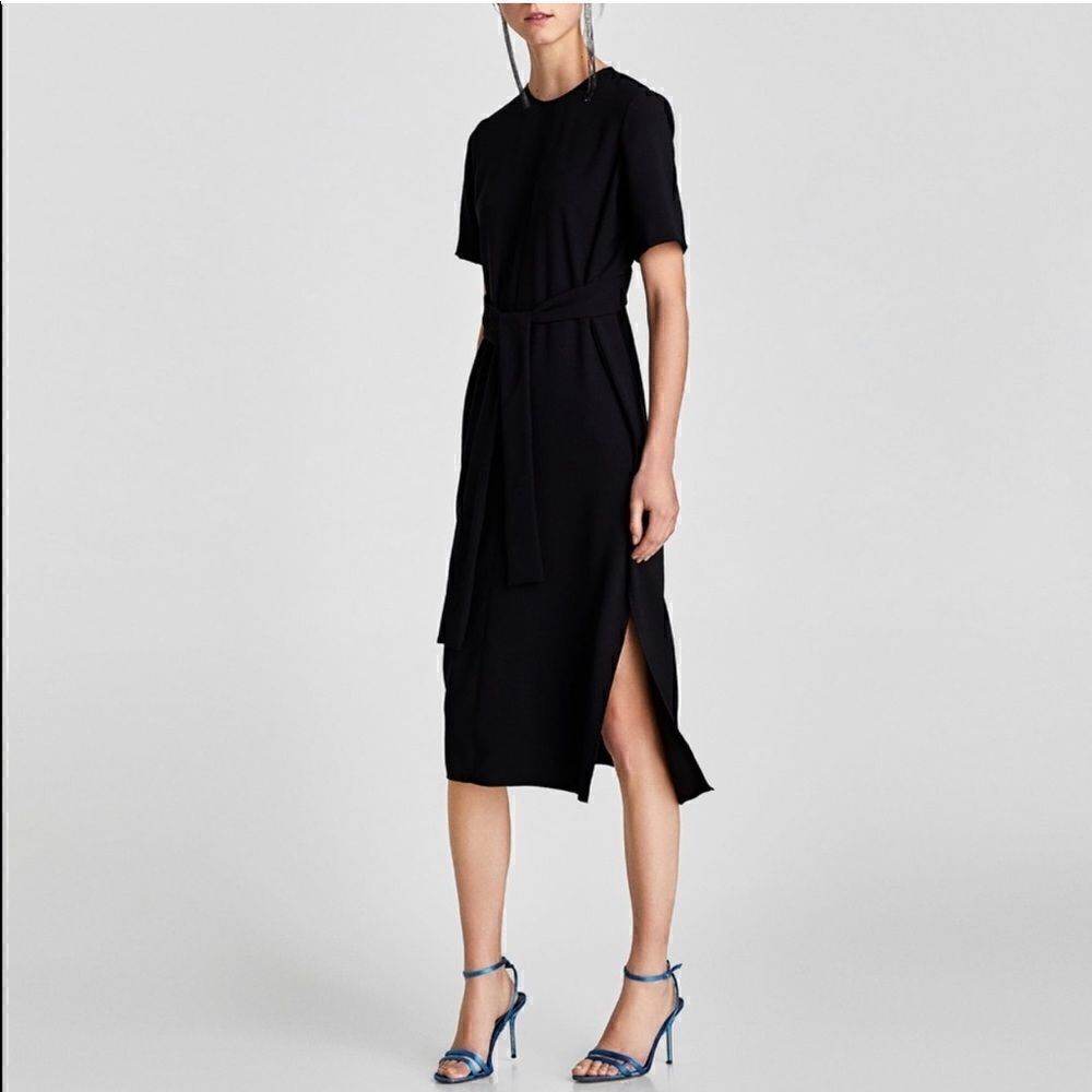 Zara Black short sleeve midi dress with bow size small